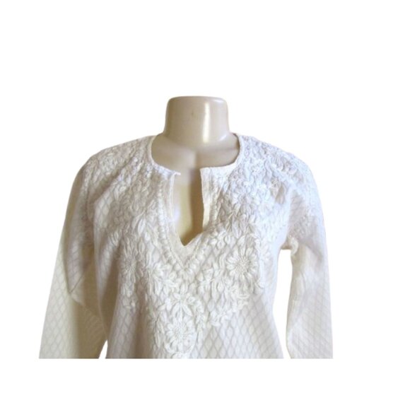 NWT, Amaya Melanie Embroidered Tunic Top Size M Cream Silk 3/4 Sleeves - Picture 3 of 8
